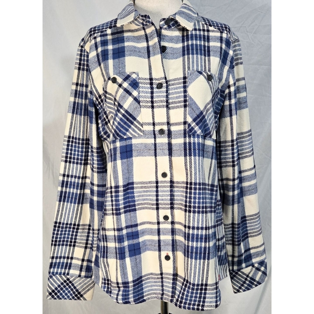 Eastern Mountain Sports Plaid Flannel Shacket Jacket Blue Ivory Button Hiking